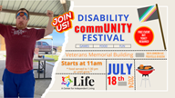 Invitation with a young male standing in "superman pose" at outdoor picnic. Image of disability flag and bbq grill. With the title stating Join us for our Disability commUNITY Festival. Games, Food and Fun. FREE event but ticket required.  July 18, 2024. Starts at 11am -food served to 1:30pm or until gone.  Veterans Memorial Building 300 N. Johnson Ave. Pocatello Idaho 83204